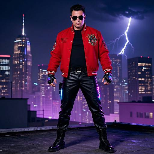 Photorealistic digital artwork of a muscular man in a red bomber jacket, black leather pants, and boots, standing on a rooftop at night with a