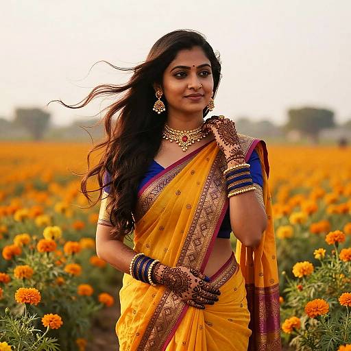 Photograph of a beautiful Indian woman in a yellow saree with gold embroidery, blue blouse, and ornate jewelry, standing in a vibrant orange mar