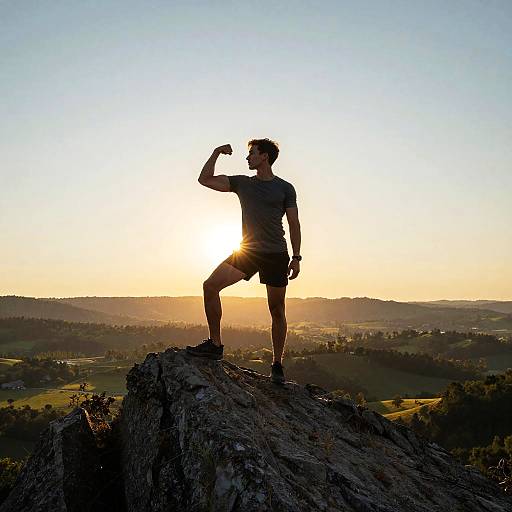 Silhouetted man with muscular build, flexing arm, standing on rocky peak at sunset, overlooking sprawling valley and distant hills. Photograph.