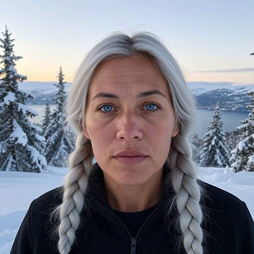 Photograph of a woman with long, braided white hair, blue eyes, and fair skin, wearing a black jacket, in a snowy mountain landscape