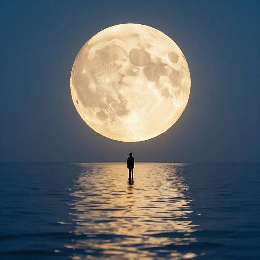 Silhouetted figure standing on calm ocean, reflected in front, under enormous glowing full moon in dark blue night sky. Photorealistic image.