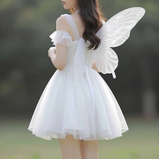 Photograph of a young woman with long black hair, wearing a white off-shoulder tulle dress and white fairy wings, standing in a grass