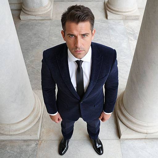 Photograph of a handsome, serious-looking man in a black suit, white shirt, and black tie, standing between white marble columns. He has short