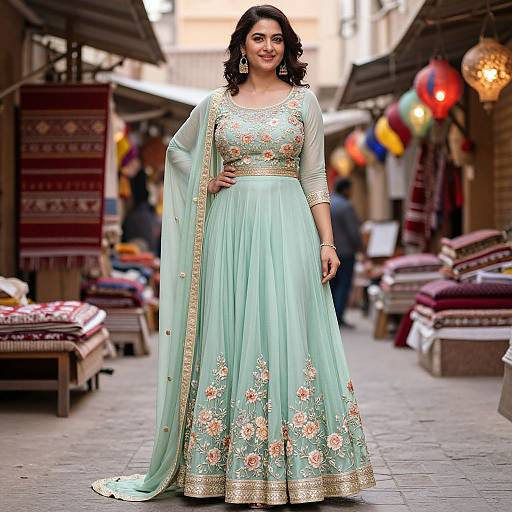 Photograph of a confident Indian woman with dark curly hair, wearing a light green, floral-embroidered saree, standing in a vibrant,