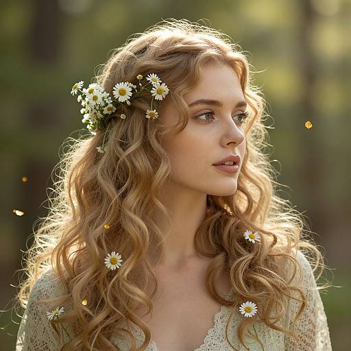 Woman with golden curls and daisies in forest