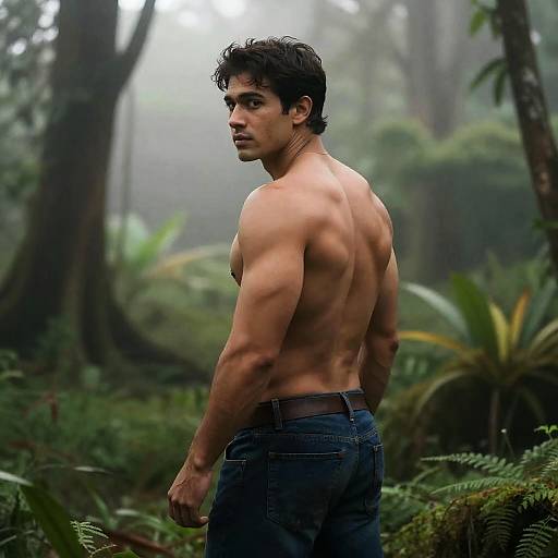 Muscular Man in Rainforest at Dawn
