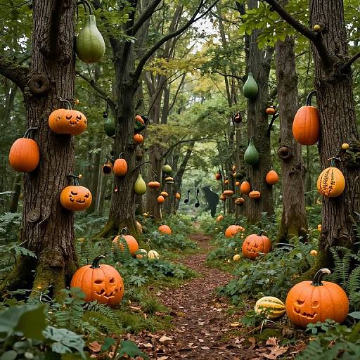 Photograph of a forest path adorned with carved orange pumpkins, green gourds, and hanging lanterns, surrounded by dense green foliage.