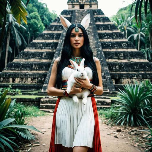 Woman in Festival Outfit Holding White Rabbit by Mayan Pyramid