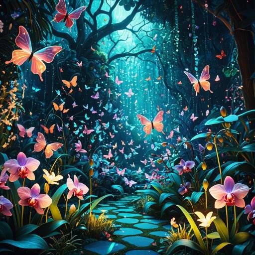 Mythical Garden with Glowing Orchids and Crystal Butterflies