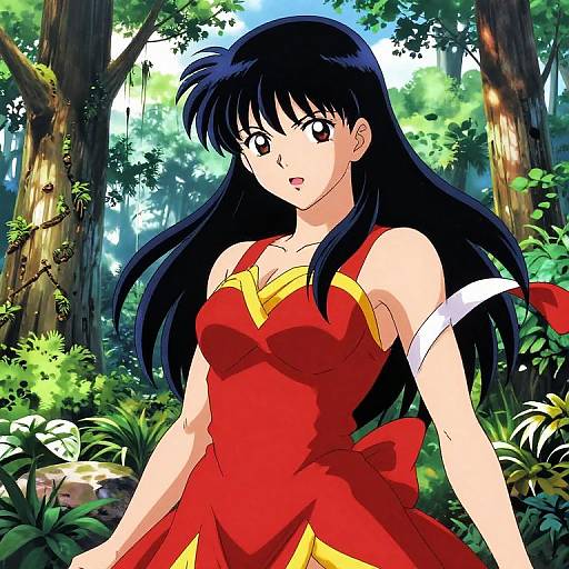 Anime-style digital drawing of a beautiful, long-haired girl with black hair, red dress with yellow trim, standing in a sunlit forest.
