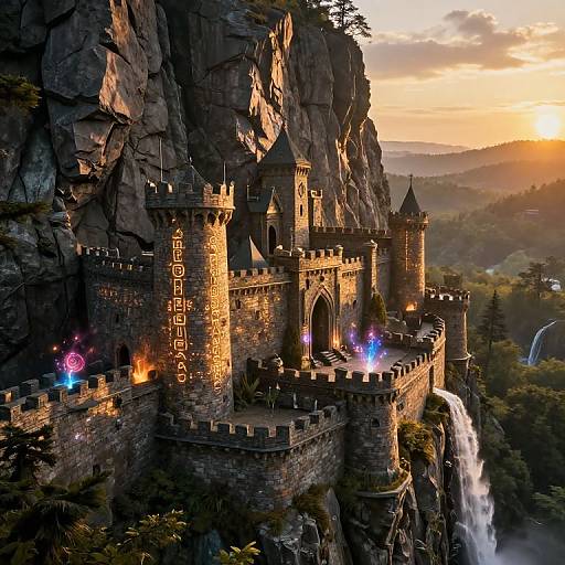 Fantastical digital artwork of a medieval stone castle with glowing blue and purple orbs, perched on a cliff, beside a cascading waterfall, under