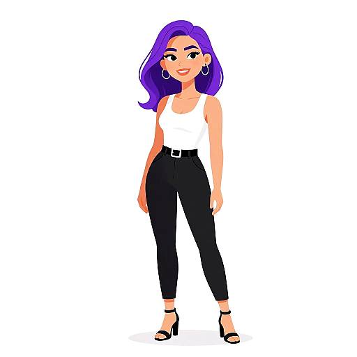 Digital cartoon of a smiling woman with purple hair, wearing a white tank top, black pants, black high heels, and hoop earrings.