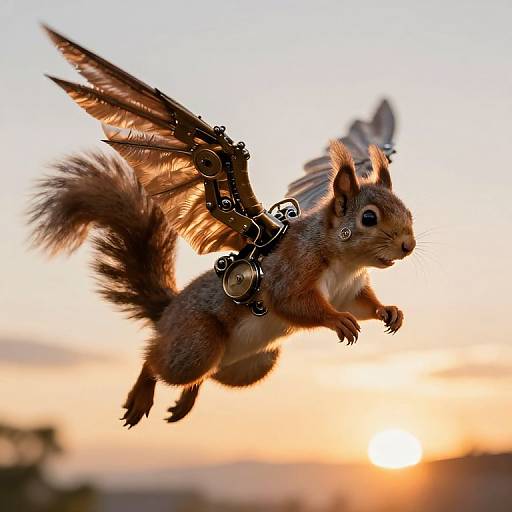 Photograph of a small, brown squirrel with mechanical wings, mid-flight against a sunset background, creating a fantastical, whimsical effect.