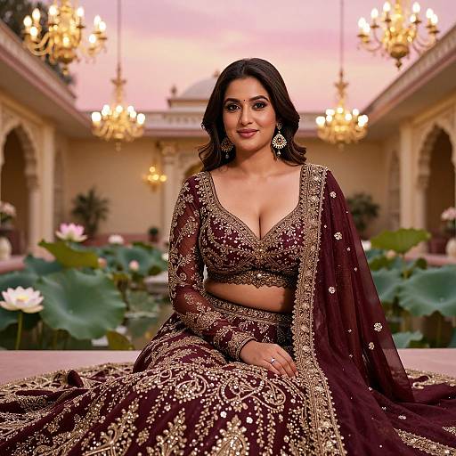 Photograph of a beautiful Indian woman with dark hair, wearing a maroon and gold embroidered traditional lehenga and crop top, seated in an elegant,