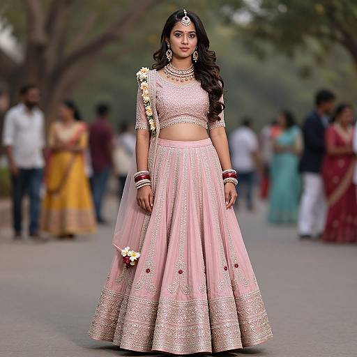 Photograph of a South Asian woman in a pink, embroidered traditional lehenga, adorned with jewelry, walking down a blurred, outdoor pathway with people in