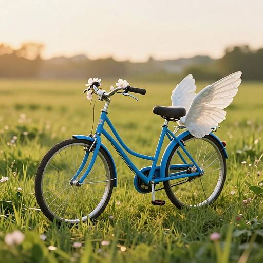 Photograph of a blue bicycle with white angel wings, flowers on the handlebars, and black seat, standing in a sunlit grassy field.