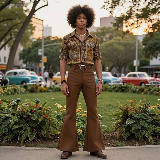 Photograph of a young Black man with an afro, wearing a patterned shirt, brown bell-bottoms, and brown shoes, standing in a