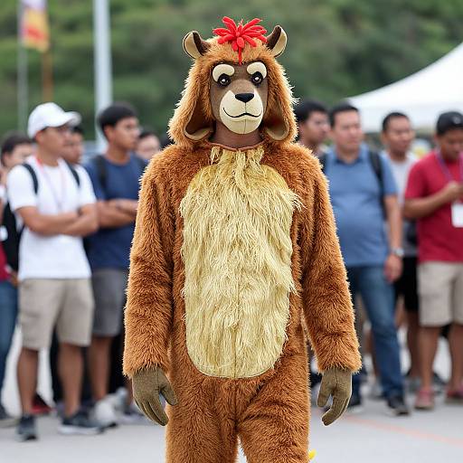 Photograph of a person in a brown and beige, furry, bear costume with a red tuft of hair, standing in front of a blurred crowd