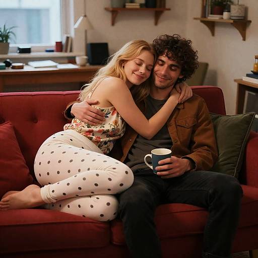 Cozy Couple Portrait on Red Sofa