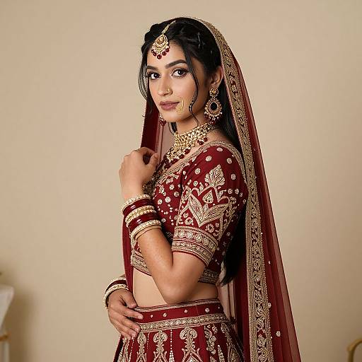Photograph of a beautiful South Asian bride in a red and gold traditional saree and jewelry, smiling, with a long veil, against a plain beige