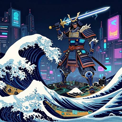 Digitally drawn anime-style samurai with glowing sword stands on cityscape, waves crashing behind. Neon-lit cityscape in background. Dynamic, futuristic