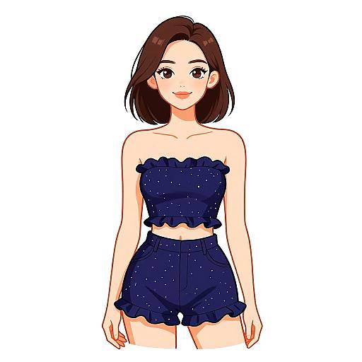 Digital illustration of a smiling young woman with short brown hair, wearing a navy blue, strapless, ruffled crop top and matching high-waisted