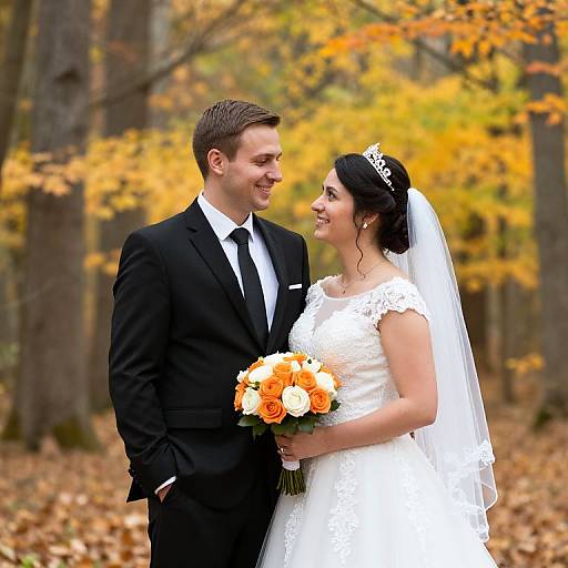 Photograph of smiling bride in white lace dress and veil, holding orange bouquet, and groom in black suit, standing in autumn forest.