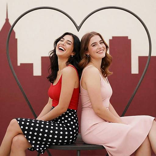 Two Women Sitting Back-to-Back on Heart-Shaped Chair