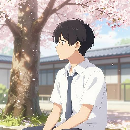 Anime Student Under Cherry Blossom Tree