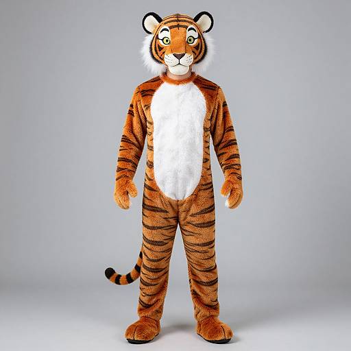 Photograph of a standing, anthropomorphic tiger costume with orange and black stripes, white chest, and black nose, against a plain gray background.