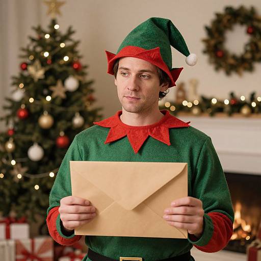 Photograph of a man in a green elf costume with red star accents, holding a beige envelope, standing in a festive living room with a decorated Christmas