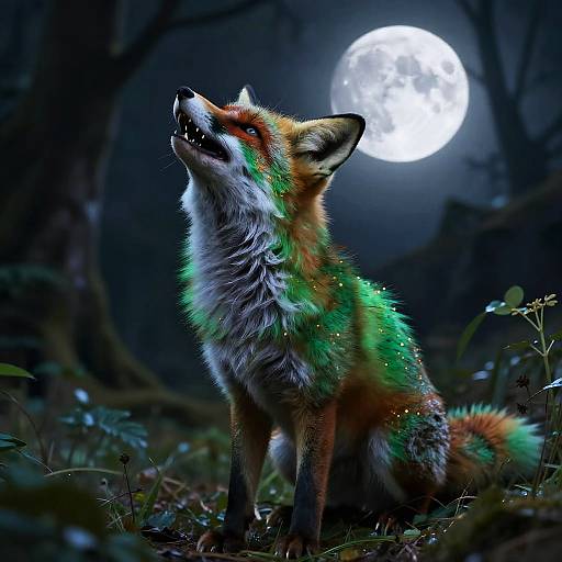 Magical Emerald Fox Howling Moonlight