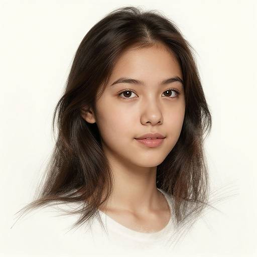 Photograph of a young Asian woman with long, dark brown hair, light skin, and brown eyes, wearing a white shirt, against a plain white