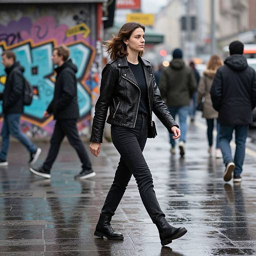 Photograph of a confident woman with brown hair, wearing a black leather jacket and jeans, walking on a wet, graffiti-covered urban street, with blurred