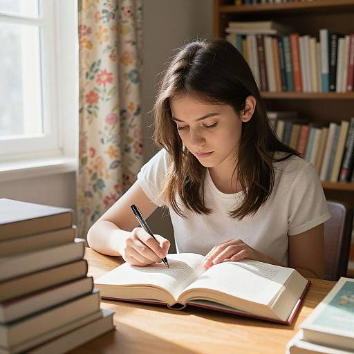 Photograph of a young woman with straight brown hair, wearing a white t-shirt, writing in an open book at a sunlit wooden table, surrounded