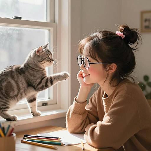 Young Woman Smiling at Gray Tabby Cat by Window