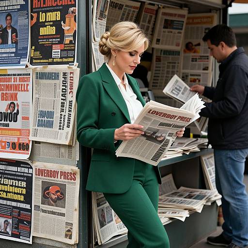 Elegant Woman at Busy Newsstand