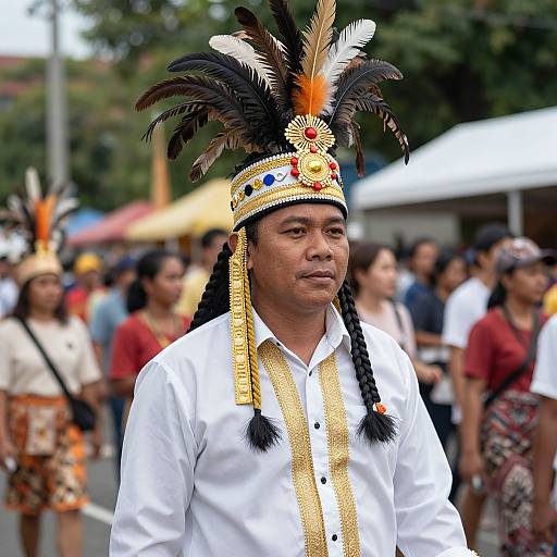 Photograph of a middle-aged Asian man in traditional Native American attire, wearing a colorful feathered headdress and white shirt, standing amidst a crowd at