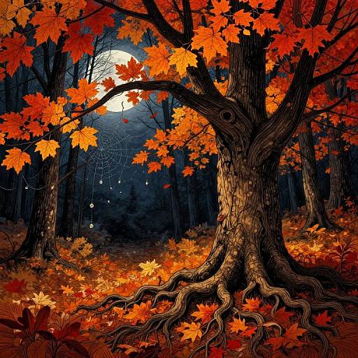 Digital illustration of a vibrant autumn forest with a large, gnarled tree, orange leaves, full moon, and spider web.