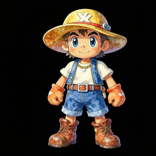 Colorful digital illustration of a cute, young boy in a wide-brimmed hat, blue overalls, brown boots, white shirt, and orange