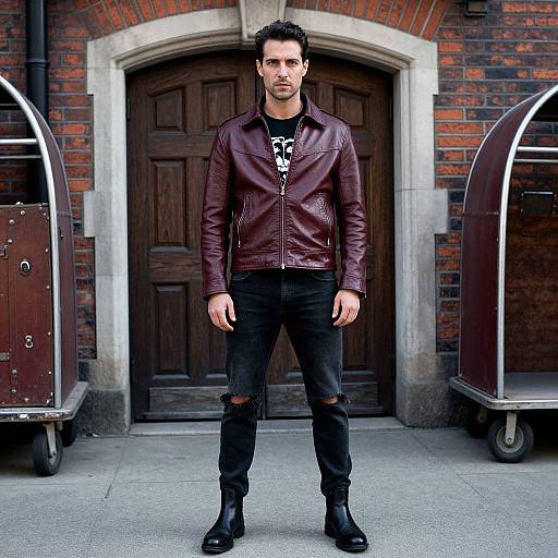 Photograph of a muscular man with dark hair, wearing a maroon leather jacket, black ripped jeans, and black boots, standing between two luggage carts