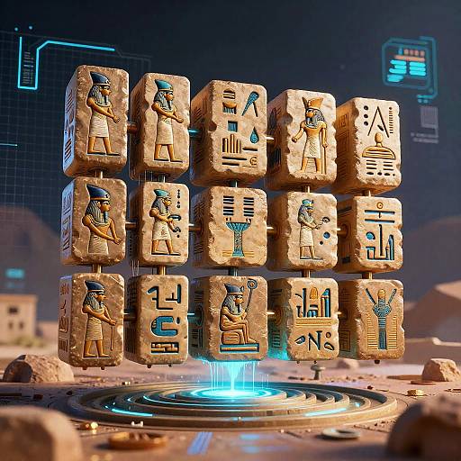Digital artwork of glowing, ancient Egyptian-style stone cubes with hieroglyphs, levitating over a futuristic blue-lit circular platform.
