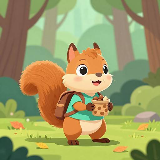 Cute cartoon squirrel in green shirt and brown backpack, holding a cup, standing in sunny forest with trees and flowers.