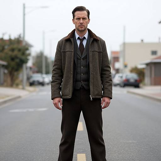 Photograph of a serious, dark-haired man in a brown wool jacket, black suit, white shirt, and black tie, standing on an empty suburban