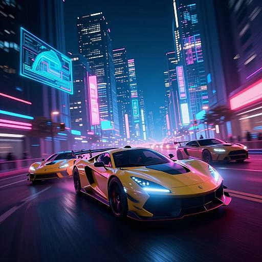Neon-lit city night scene: Yellow Lamborghini with glowing blue headlights leads two other cars down a bustling, brightly illuminated street. Digital billboards