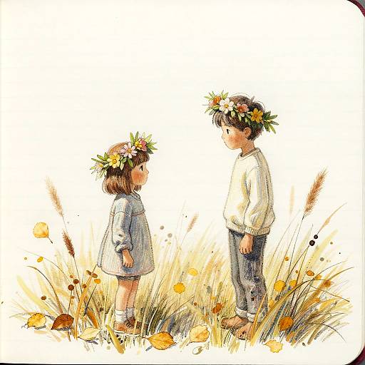 Children Sharing Flower Crowns in Autumn Meadow