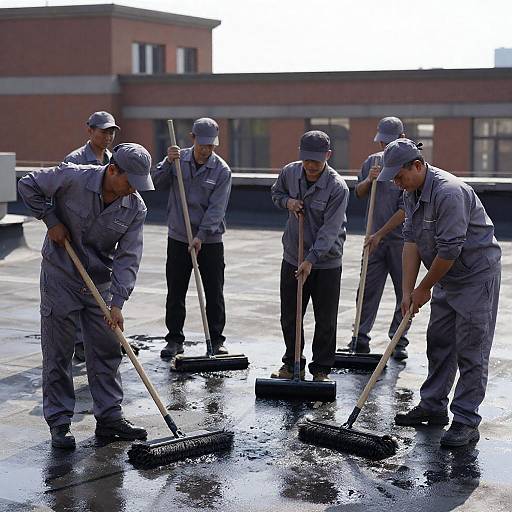 Seven Workers Mopping Rooftop Scene