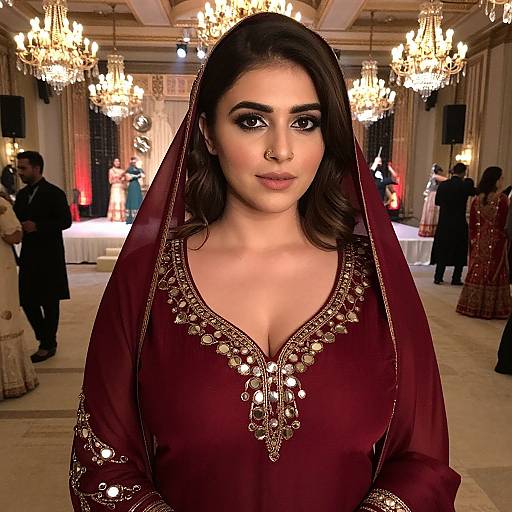Photograph of a beautiful South Asian woman with medium skin tone, dark brown hair, and large brown eyes, wearing a maroon embroidered traditional outfit with