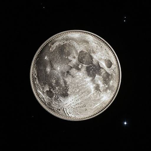 Photograph of a detailed, bright, full moon with visible craters and surface textures, set against a dark, starless night sky.