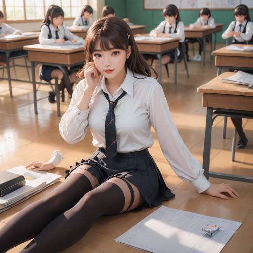 Anime Style Schoolgirl Sitting on Classroom Floor